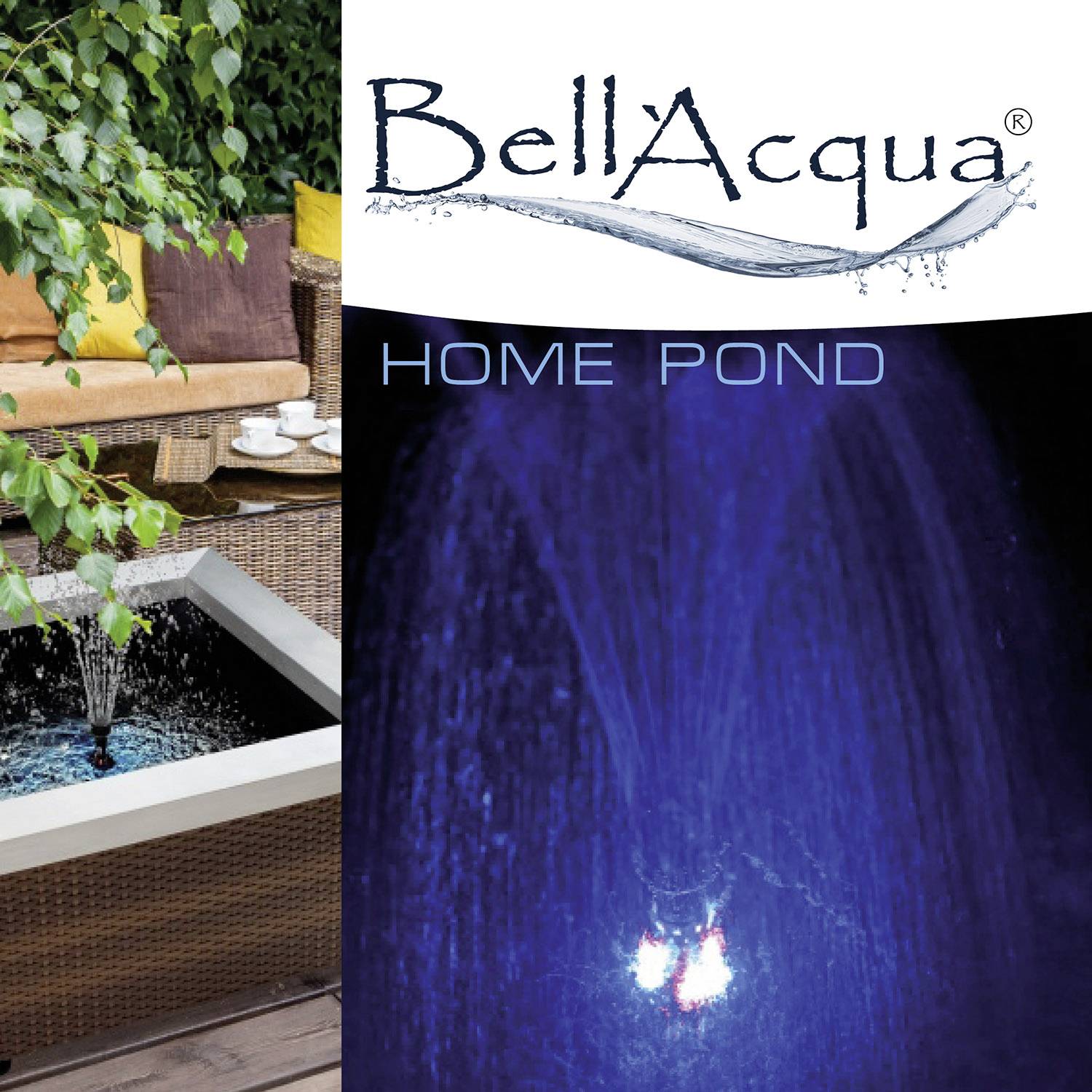 'BellAcqua Home Pond' Schriftzug mit Wasserfallbild im Hintergrund. Links oben ein dekorativer Sitzbereich mit Pflanzen.