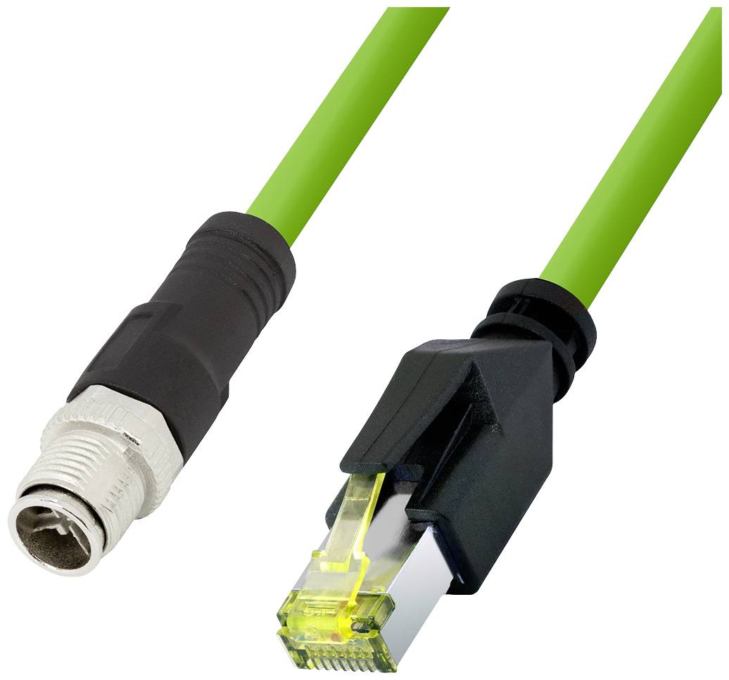 Grünes Ethernet- und Rundsteckerkabel, beide mit schwarzem Plastiküberzug. Verwendet für Netzwerkanbindungen und industrielle Anwendungen.