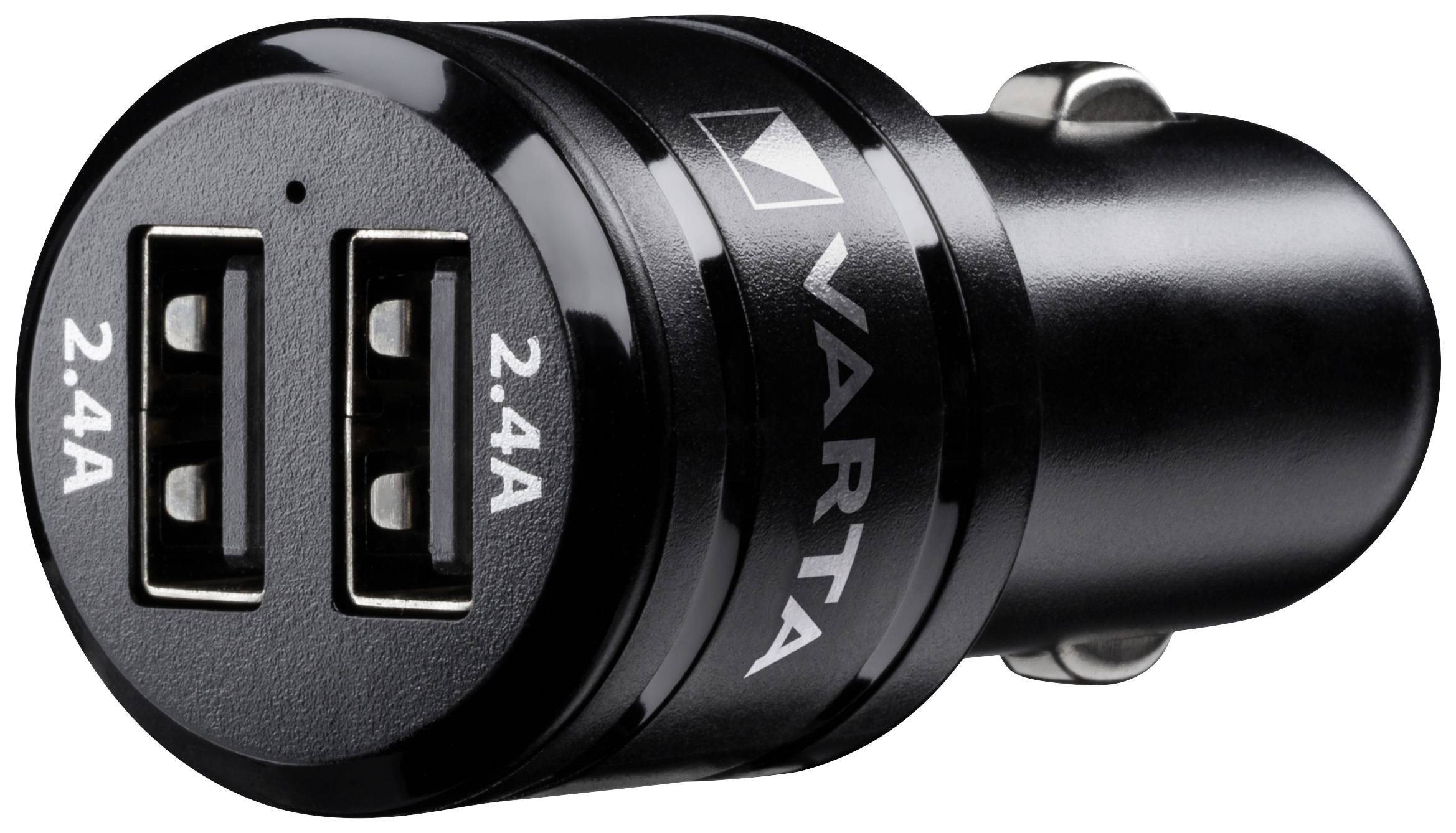 Schwarzes Ladegerät für den Zigarettenanzünder mit zwei USB-Anschlüssen, jeder mit 2,4A gekennzeichnet.