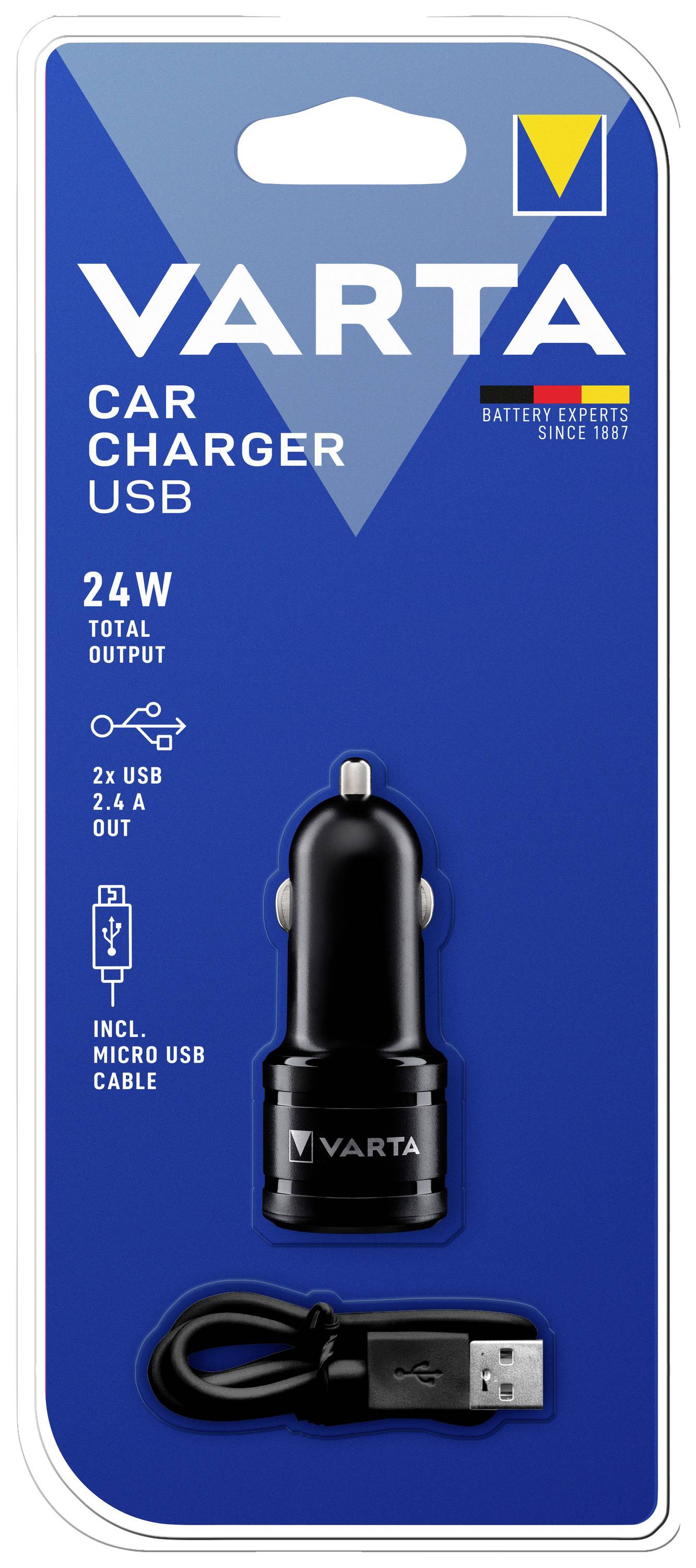 Auto-Ladegerät und Micro-USB-Kabel von Varta auf blauem Hintergrund. 24W Gesamtleistung, 2 USB-Anschlüsse à 2,4A. Verpackt.