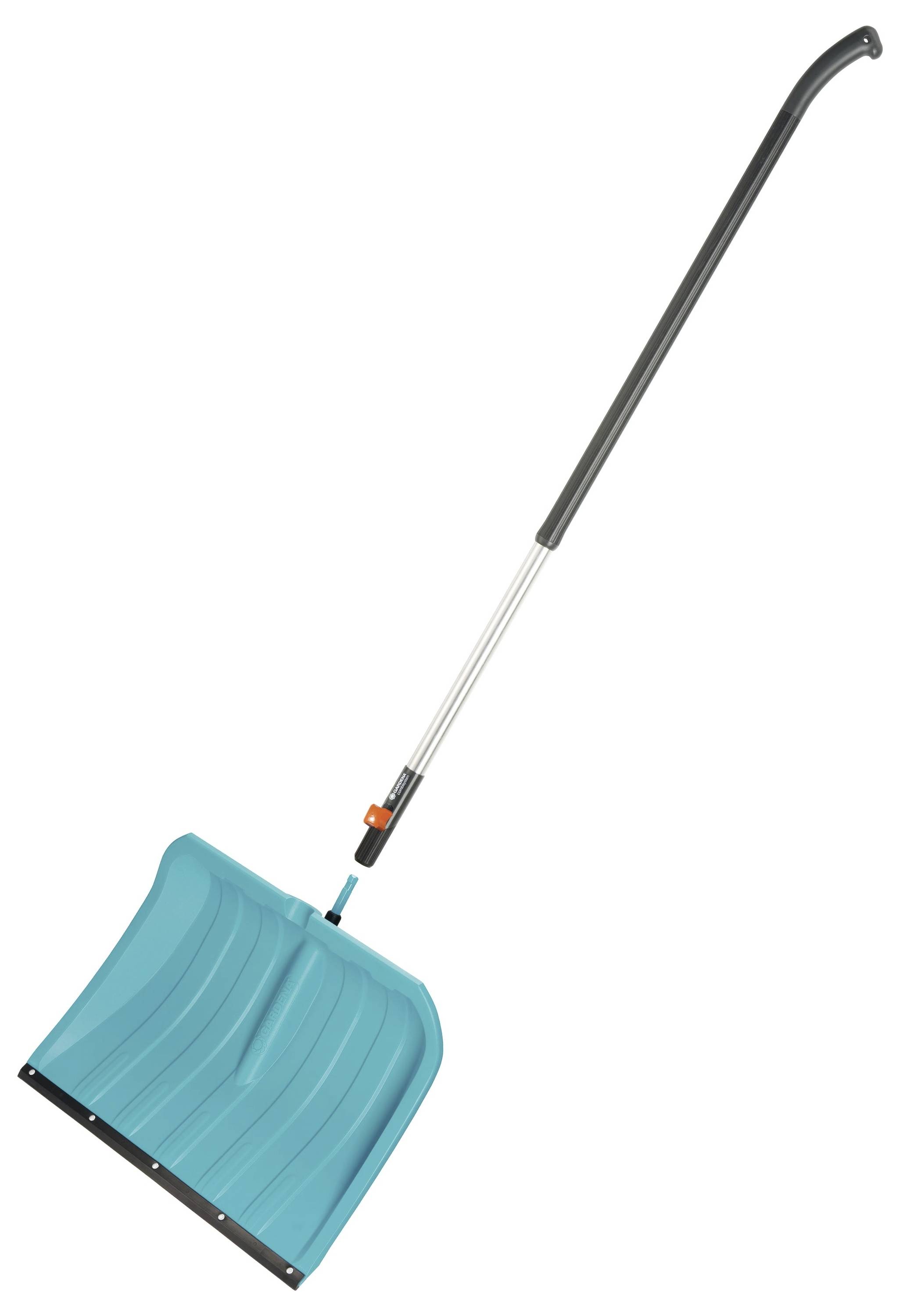 Schneeschaufel mit blauem Kunststoffblatt und langem schwarzem Griff, geeignet zum Räumen von Schnee von Gehwegen oder Einfahrten.