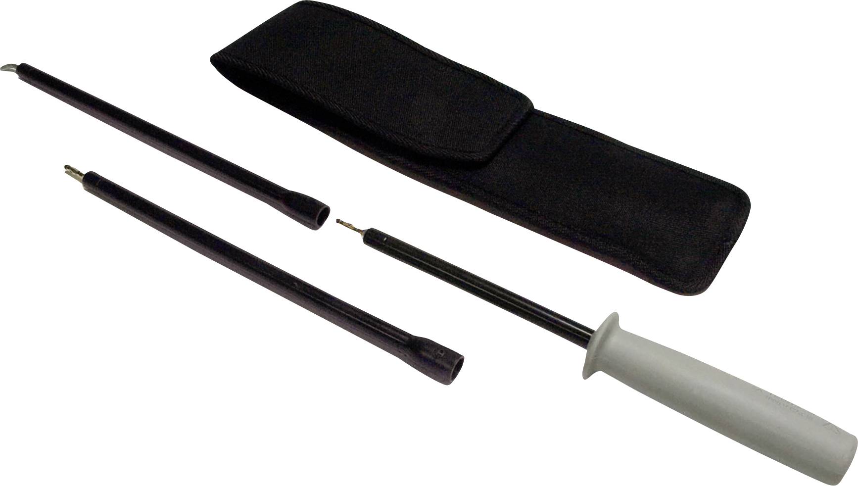 Ein Set aus drei Sonden mit schwarzem Gehäuse und grauem Griff, begleitet von einer schwarzen Schutztasche.