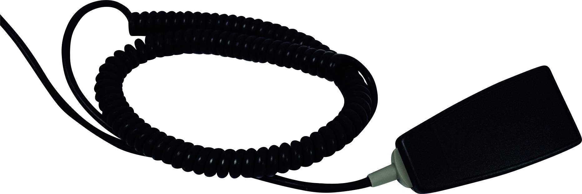 Ein schwarzes Spiralkabel mit einem rechteckigen, schwarzen Endstück, das wie ein Handgerät aussieht.
