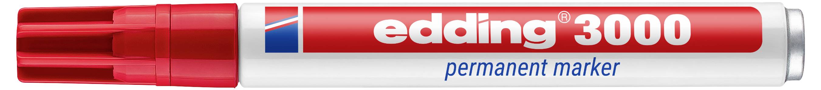 Roter Edding 3000 Permanentmarker mit aufgesetzter Kappe, beschriftet mit „edding 3000" und „permanent marker".