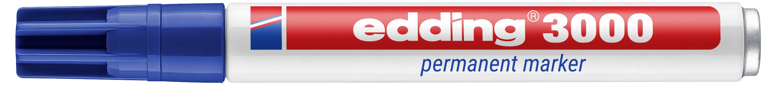 Blaukappe Edding 3000 Permanentmarker-Stift mit rotem und silbernem Schaft.