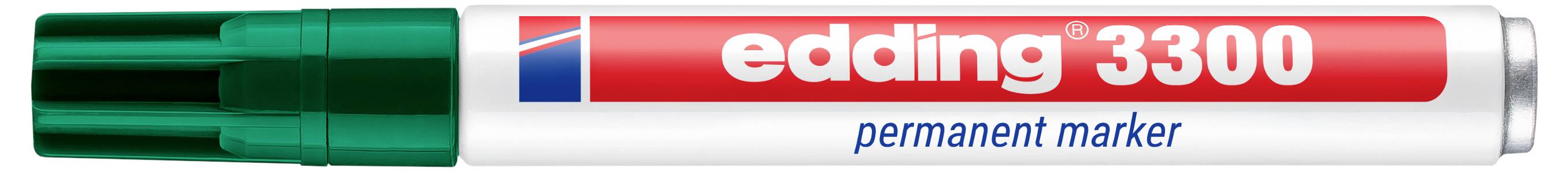 Permanentmarker mit der Bezeichnung „edding 3300" mit grüner Kappe und weißem Schaft.