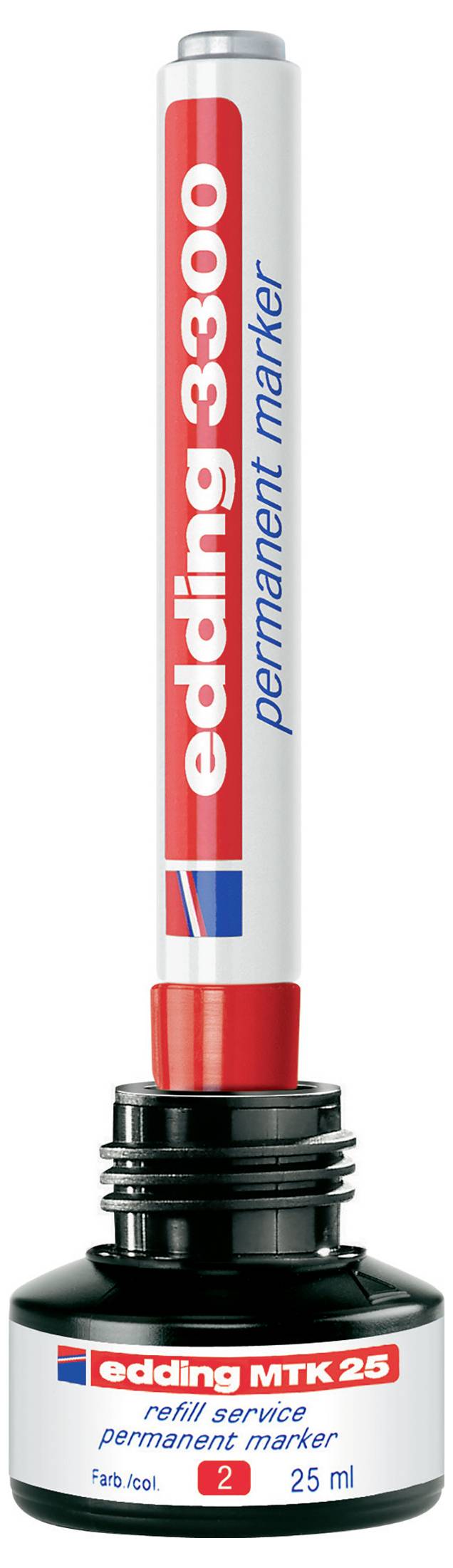 Bild eines roten Nachfüllservices für einen Edding MTK 25 Permanent Marker, vertikal dargestellt mit abgesetzter Kappe und freiliegender Spitze.