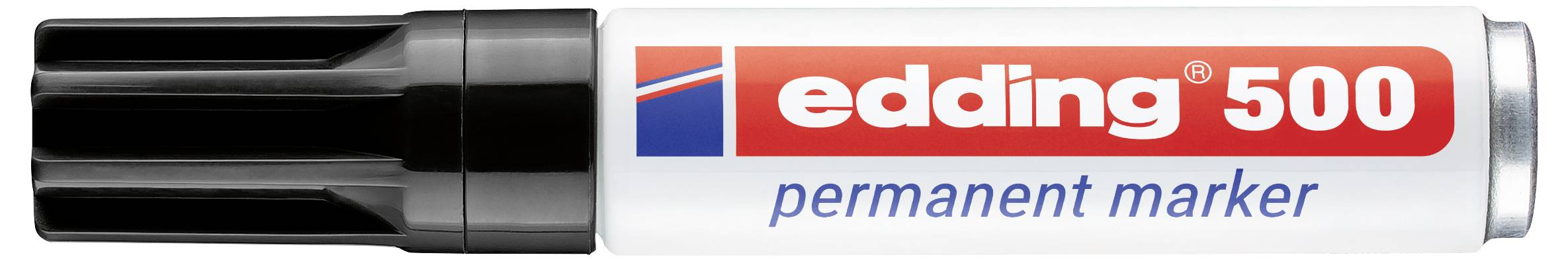 Schwarzer und silberner Edding 500 Permanentmarker mit rotem „edding 500"-Etikett und blauem Text „permanent marker".