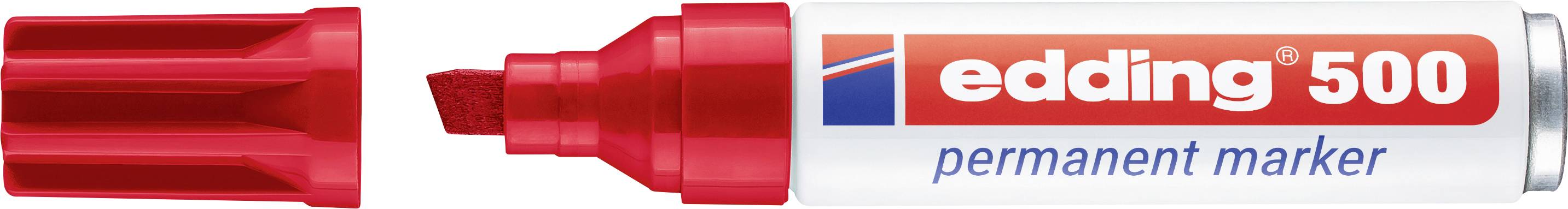 Roter Edding 500 Permanentmarker mit entfernter Kappe, zeigt die Spitze und das weiß-rotes Etikett.