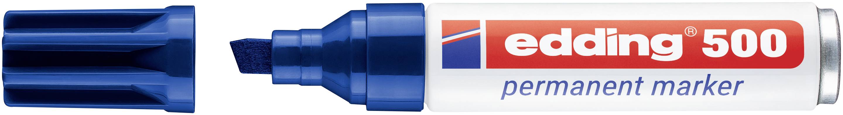 Blauer Edding 500 Permanentmarker mit entfernter Kappe, der die Keilspitze und den weißen Schaft mit Branding zeigt.