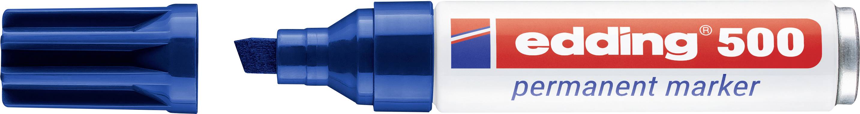 Blauer Edding 500 Permanentmarker mit abgenommener Kappe, zeigt die Stiftspitze und den weißen Schaft mit Branding.