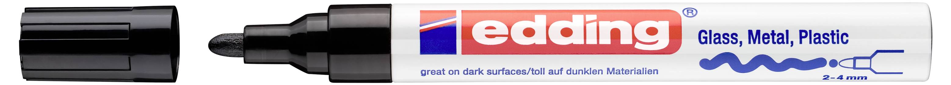 Schwarzer Edding-Markerstift mit Kappe, gekennzeichnet für Glas, Metall und Kunststoff, dargestellt in einem produktstilisierten Banner.
