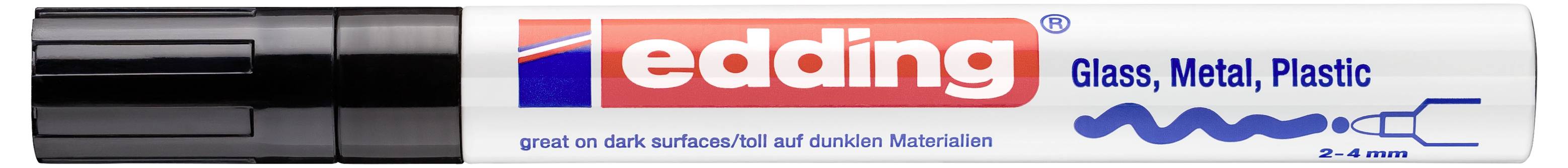 Edding-Marker-Paket mit der Aufschrift „Glas, Metall, Kunststoff" mit einem schwarzen Marker-Bild und dem Slogan „großartig auf dunklen Oberflächen/toll auf dunklen Materialien".
