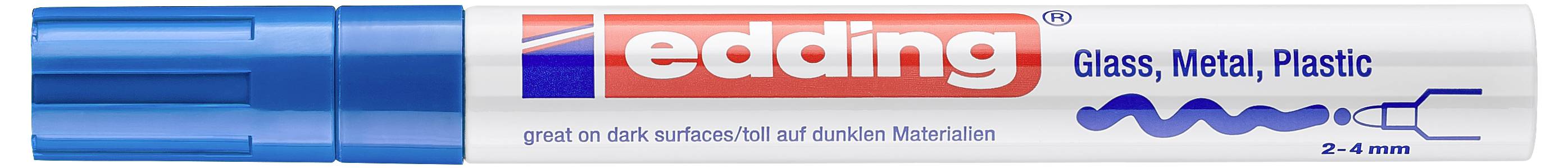 Blauer Edding-Marker mit der Beschriftung „Glas, Metall, Kunststoff" zum Schreiben auf dunklen Oberflächen, Strichbreite 2–4 mm.