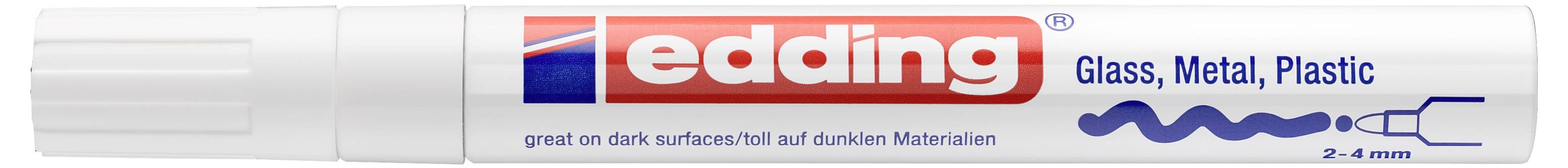 Ein weißer Edding-Marker mit der Aufschrift "edding" und "Glas, Metall, Kunststoff", mit blauer Spitze und Text, der angibt, dass er auf dunklen Oberflächen schreibt und 4 mm breit ist.