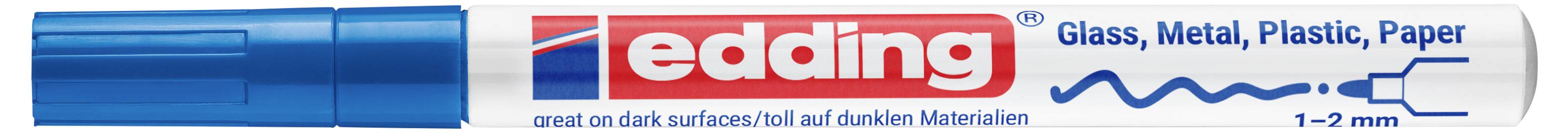 Blauer Edding Markerstift mit Logo und Text: Glas, Metall, Kunststoff, Papier; ausgezeichnet auf dunklen Oberflächen; 1–2 mm Strichbreite.