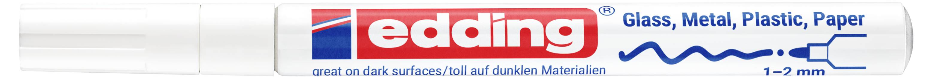 Ein Edding-Markerstift-Banner mit Logo und Text „Glas, Metall, Kunststoff, Papier" und „1-2 mm".
