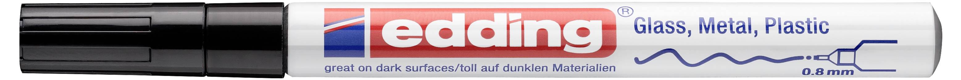 Schwarzer Edding-Marker mit rotem Markenlabel, horizontal auf weißem Hintergrund dargestellt.
