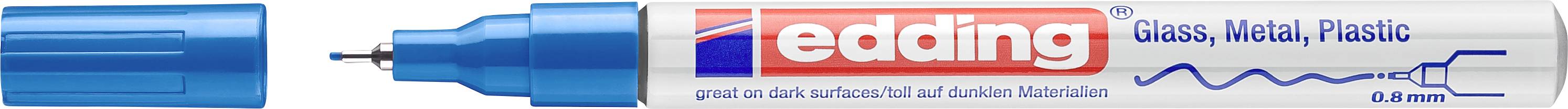 Nahaufnahme eines blauen Markers mit entfernter Kappe, die Spitze und das Markenlogo "edding" auf dem Schaft zeigt.