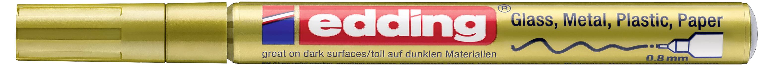 Goldener edding-Marker, Produktverpackung mit der Aufschrift „edding" und „Glas, Metall, Kunststoff, Papier" mit einer blauen Linienmuster.