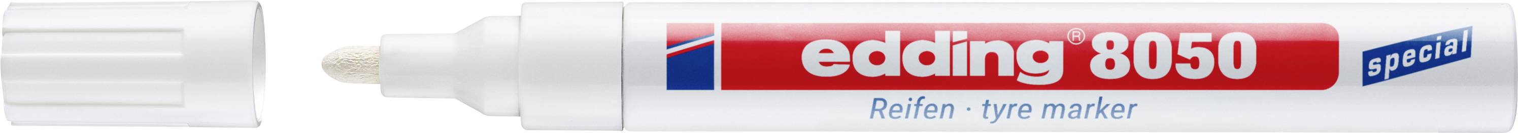 Weißer Edding 8050 Reifenmarkierstift mit rot-weißem Etikett und Kappe, horizontal auf grauem Hintergrund dargestellt.
