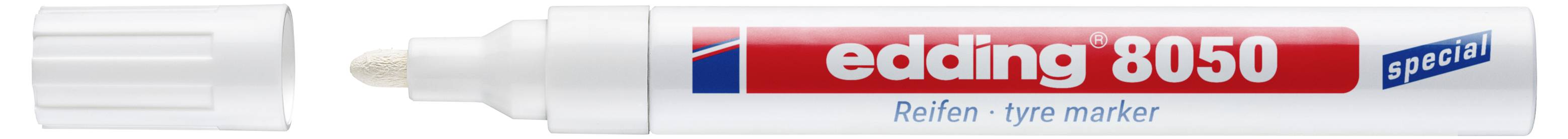 Weißer Edding 8050 Spezial-Reifenmarker mit abgenommener Kappe, zeigt die weiße Filzspitze und das rote Etikett auf dem Schaft.