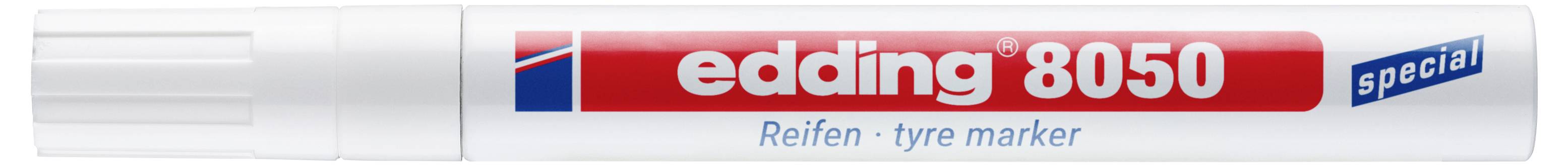 Weißer Edding 8050 Reifenmarkerstift mit rotem Etikett, mit „special" gekennzeichnet, horizontal dargestellt.