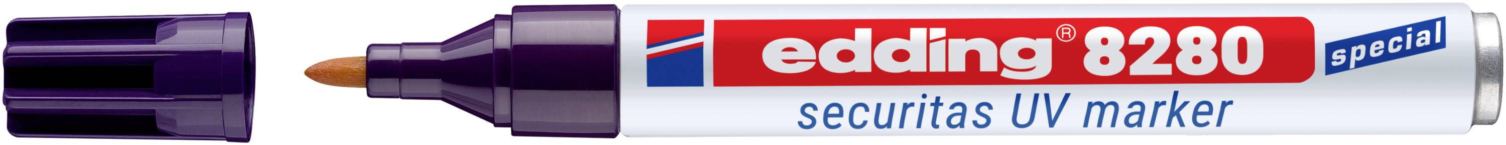 Ein violetter Edding 8280 Special Securitas UV-Marker mit entfernter Kappe, der die orangefarbene Spitze und das weiße Etikett auf dem Schaft zeigt.