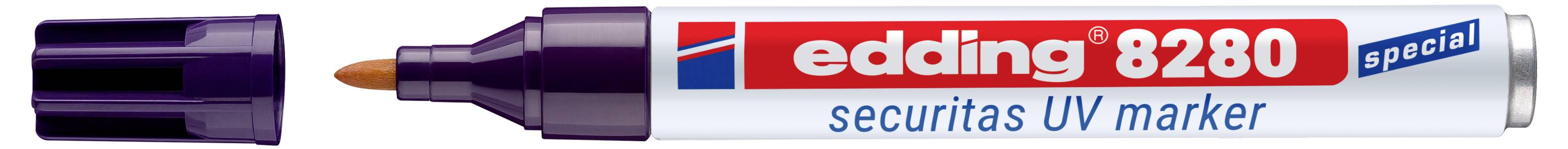 Violetter Edding 8280 Spezial-Securitas UV-Marker mit entfernter Kappe, zeigt eine orange Stiftspitze und weißen Schaft mit Beschriftung für UV-Markierung.