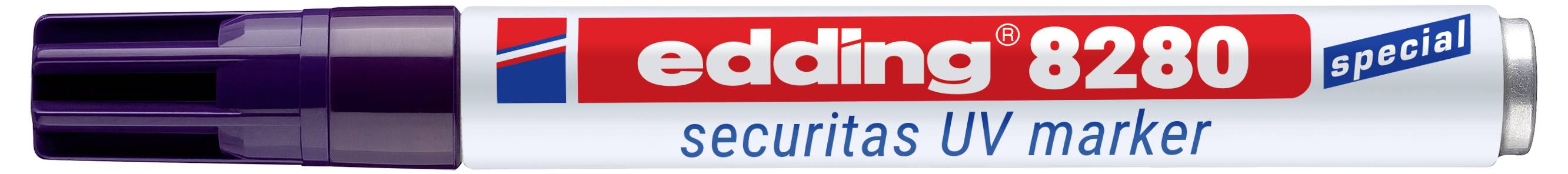 Lila-gekappter Edding 8280 spezielle Securitas UV-Markierungsstift mit rot-weißem Etikett.