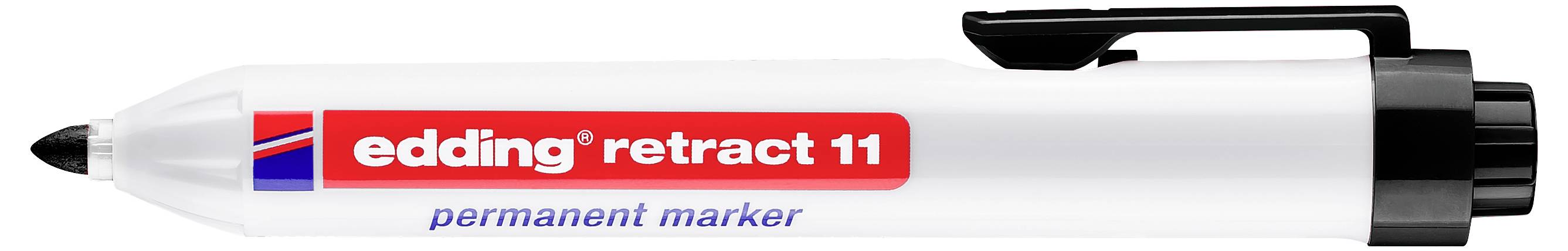 Weißer edding Retract 11 Permanent Marker mit schwarzer Kappe und Spitze, in Seitenansicht mit rotem Markenlabel dargestellt.