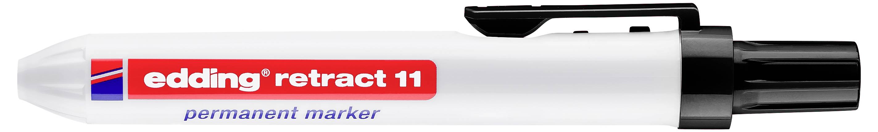 Weißer Edding retract 11 Permanentmarker mit rotem Etikett und schwarzer Kappe, horizontal auf einfachem Hintergrund dargestellt.