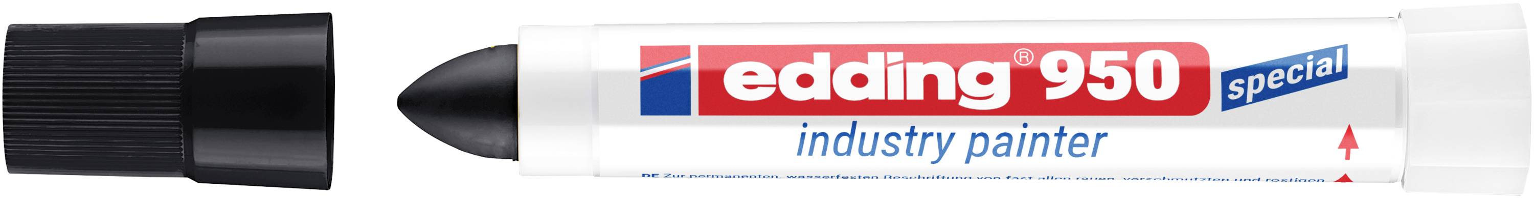 Schwarze Kappe und breite Meißelspitze, weißer Lackmarker mit der Bezeichnung „edding 950 special industry painter