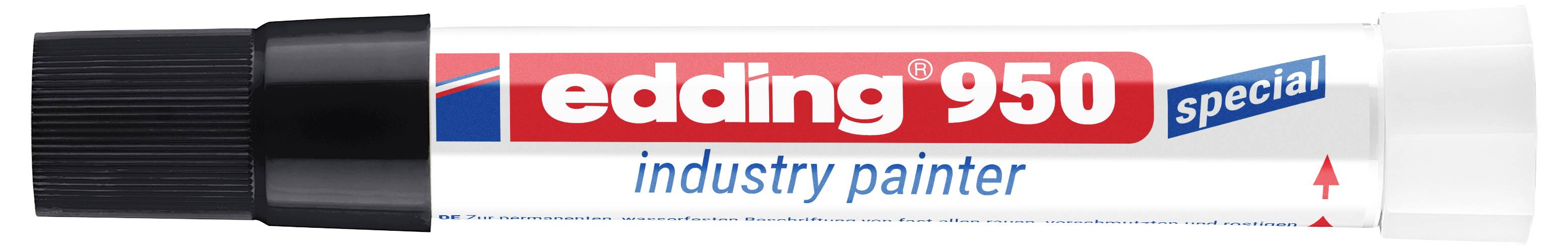 Weißer edding 950 Spezial-Industriemarker mit schwarzer Kappe und rotem, blauem und schwarzem Etiketttext.