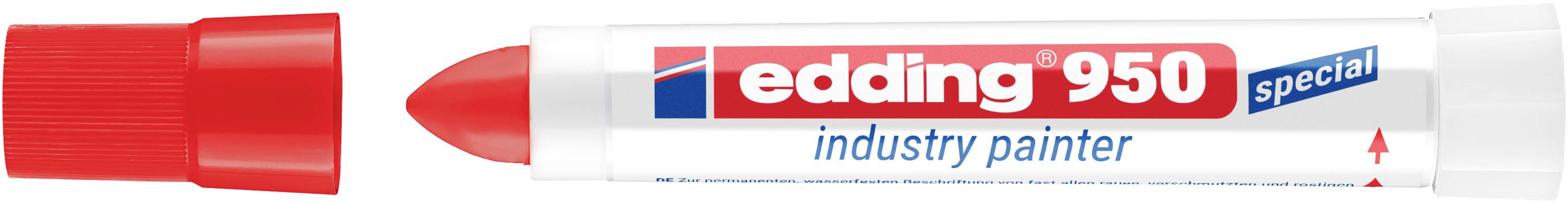 Roter Industriemarker mit roter Kappe und Meißelspitze, beschriftet mit „edding 950 special