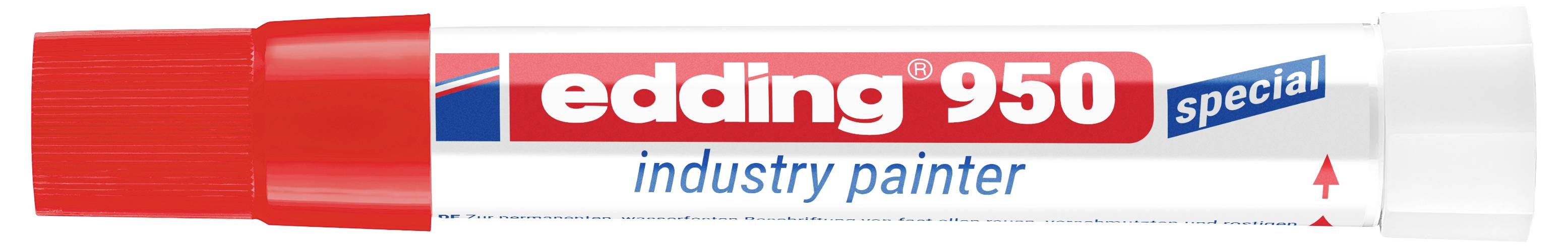 Roter edding 950 Spezial-Industriemarker mit roter Kappe und weißem Schaft, beschriftet mit "edding 950" und "industry painter".