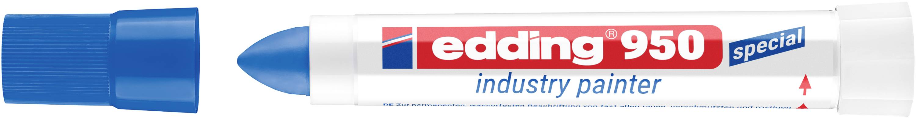 Blau-weißer Edding 950 Industriepinsler-Marker mit blauer Kappe und blauer Kugel-Spitze, mit der Bezeichnung „edding 950 special
