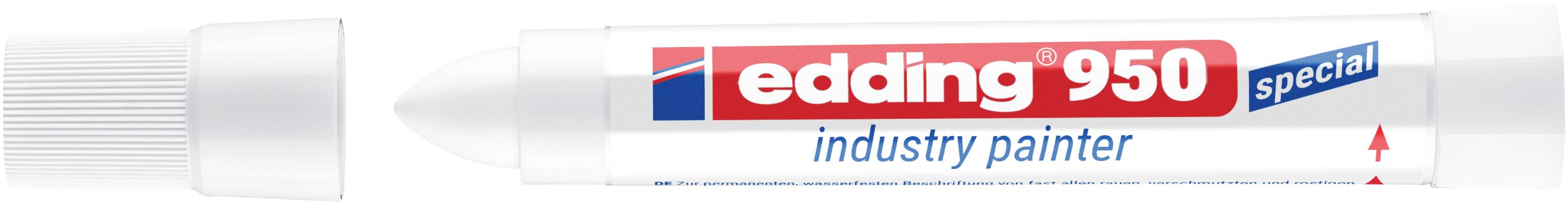 Weißer Edding 950 Industrie-Lackmarker mit breiter Meißelspitze und rot-blauem Etikett, in Seitenansicht dargestellt.