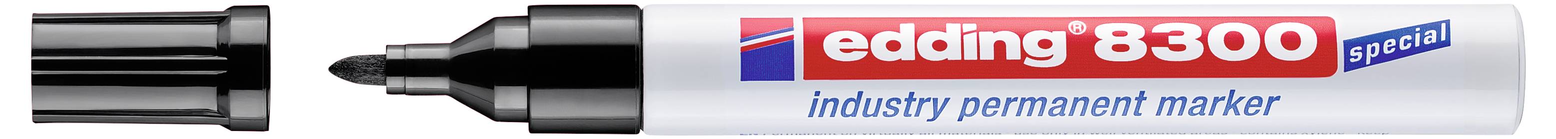 Ein Edding 8300 Spezial-Industrie-Permanentmarker mit schwarzer Kappe und schwarzer Spitze auf weißem Schaft.