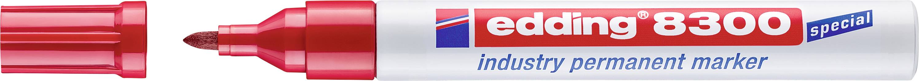 Edding 8300 Industrie-Permanentmarker ohne Kappe dargestellt, mit Kappe auf der linken Seite und sichtbarer Stiftspitze auf der rechten Seite.