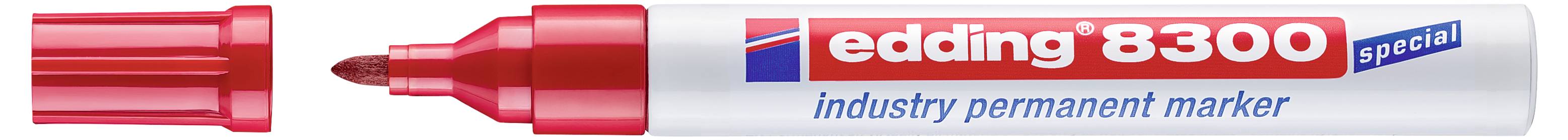 Roter Edding 8300 Spezial-Industrie-Permanentmarker mit entfernter Kappe, zeigt breite rote Meißelspitze und silbernes Etikett auf dem Schaft.