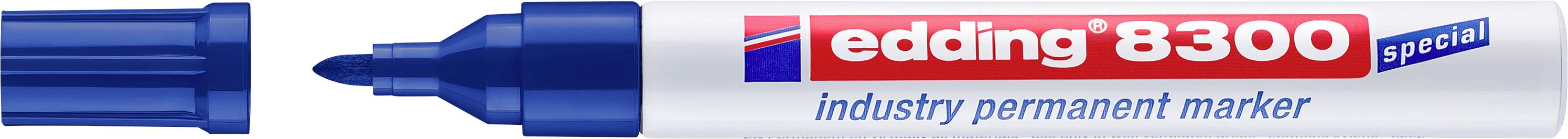 Blauer Edding 8300 Spezial-Industrie-Permanentmarker mit Verschlusskappe und rot-weißem Logo auf dem Schaft.