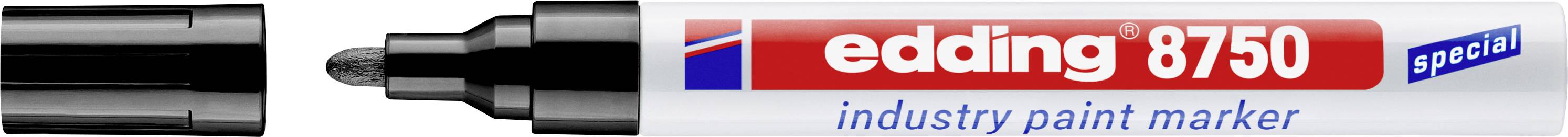 Edding 8750 Spezial-Industriemarker mit schwarzer Kappe und Spitze, gezeigt in der Verpackung mit rotweiß-schwarzem Etikett.