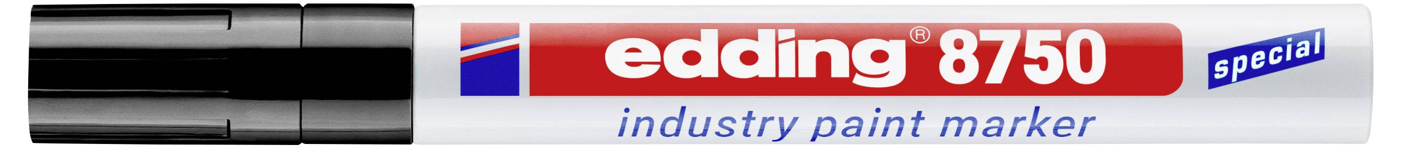 Edding 8750 Spezial-Industrielackmarker mit schwarzer Kappe und silbernem Fass, gekennzeichnet für industrielle Verwendung.