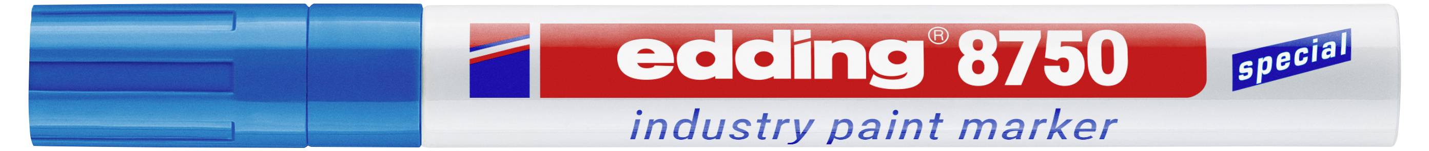 Ein blau-weiß gestreifter Edding 8750 Industrie-Lackmarker mit rotem Etikett und blauer Kappe, gekennzeichnet mit "special".