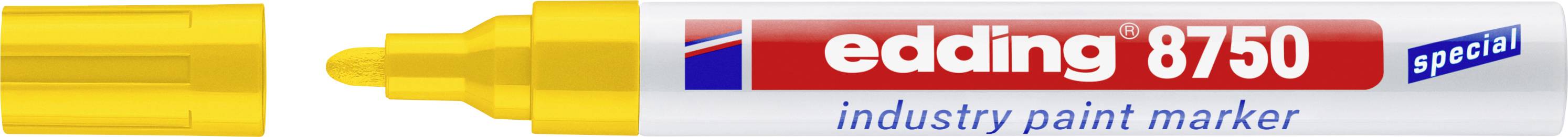 Gelber edding 8750 Spezial-Industrie-Lackmarker mit Keilspitze, gezeigt in seiner Kappe und Fass-Verpackung.