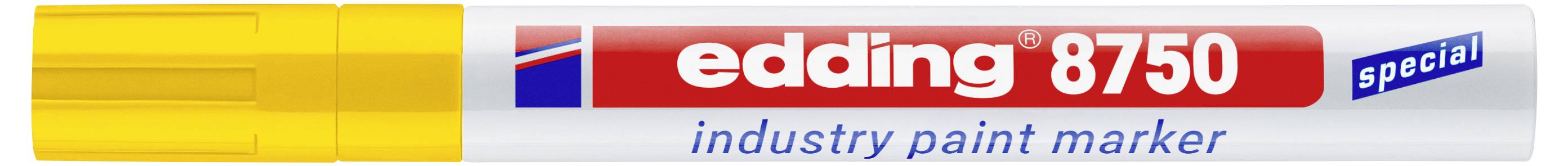 edding 8750 Industrie-Lackmarker, Sonderausgabe, gezeigt in einer roten, gelben und silbernen Markerstiftpackung