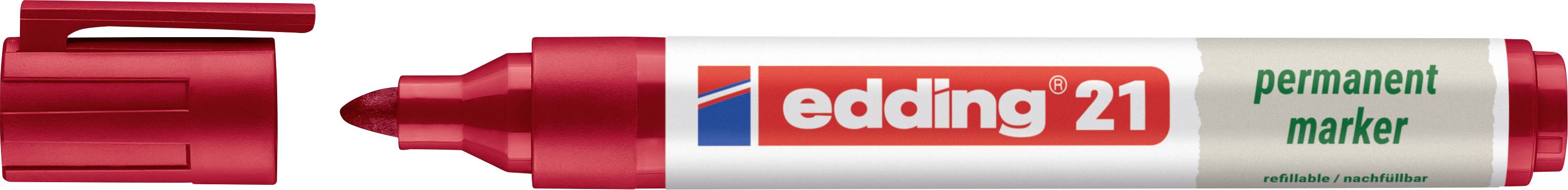 Ein roter Edding-21-Permanent-Marker mit abgenommener Kappe, die Filzspitze und das mit Markenname bedruckte Fass zeigend.