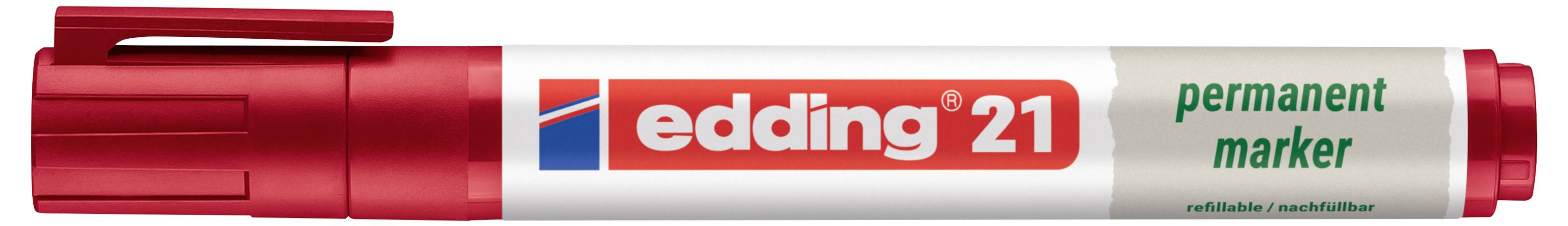 Roter Edding 21 Permanentmarkerstift mit aufgesetzter Kappe, beschriftet mit 'edding 21' und 'permanent marker'.