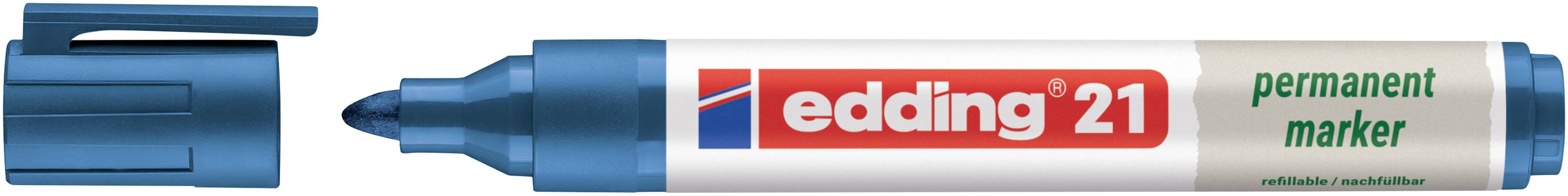 Blauer Edding 21 Permanentmarker mit Kappe, die neben der Spitze gezeigt wird, mit dem rot-weißen Edding 21 Logo gekennzeichnet.